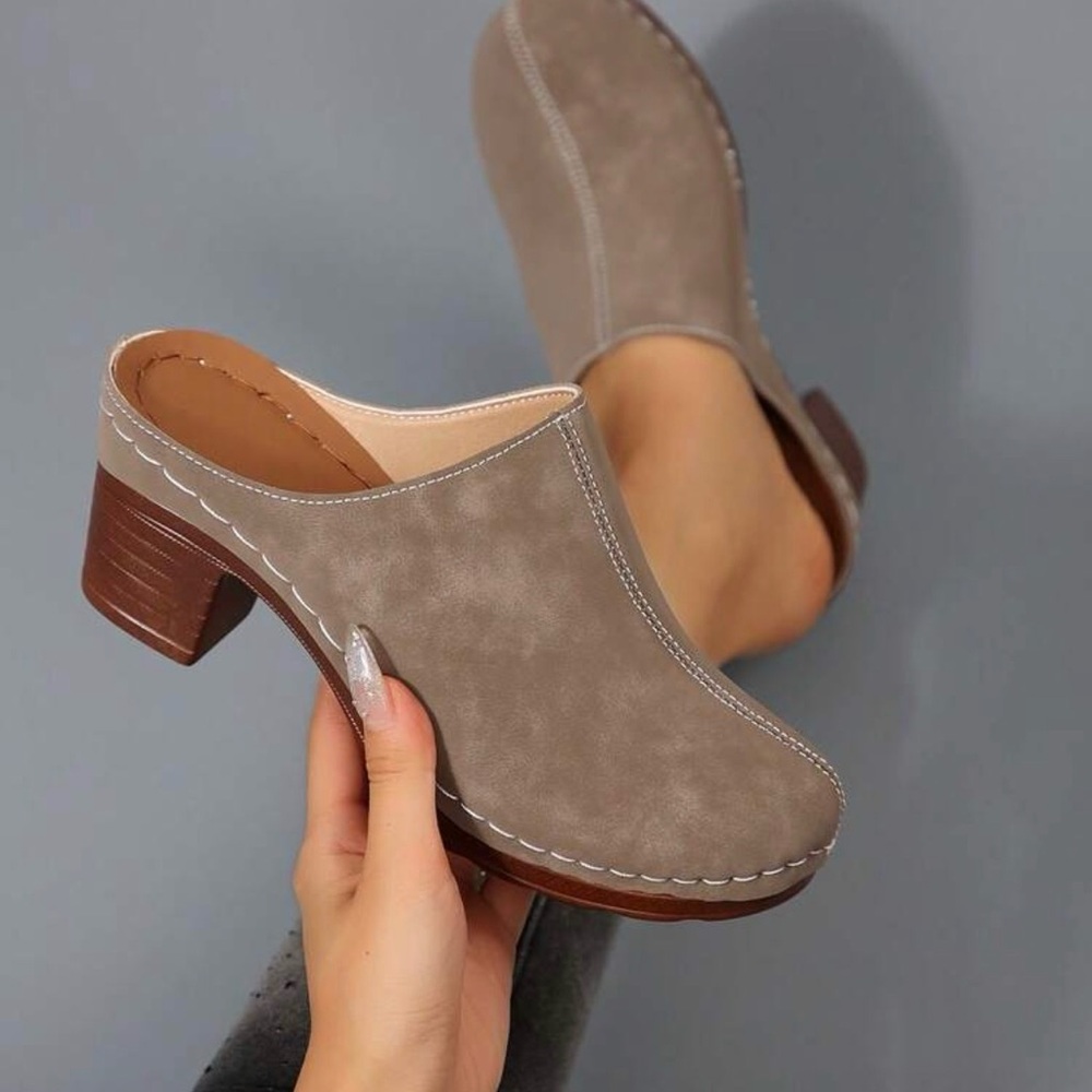 Elegant Taupe Mules with Brown Heel